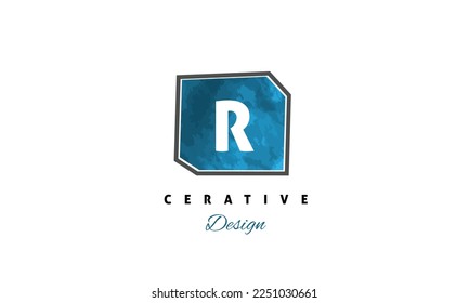 Vector de diseño de letras R con icono de pincel de color azul logotipo premium en fondo blanco