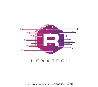R Letter Digital Data Logo Icon, Modern Hexagon R Design Concept.