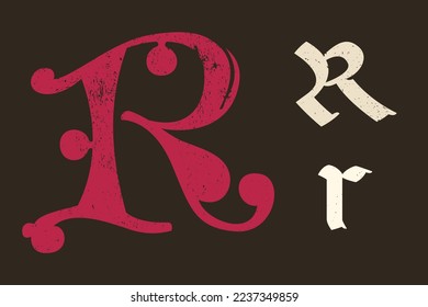 R letter drop cap logo. Illuminated initial and blackletter uppercase and lowercase. All you need to precisely imitate medieval text. Decorative element for the beginning of a paragraph or section.