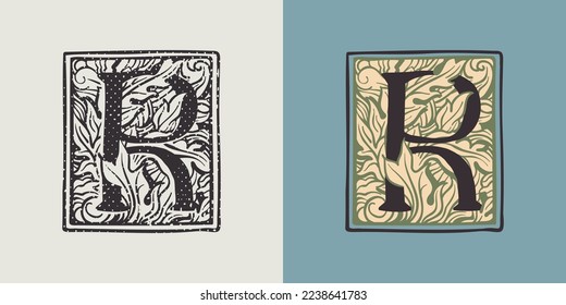 R letter drop cap logo in engraved medieval style. Set of dim colored and monochrome square shaped illuminated initials. Perfect for vintage premium identity, Middle Ages posters, luxury packaging.