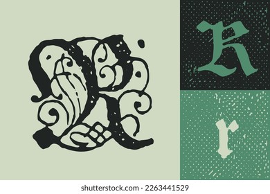 R letter drop cap logo. Illuminated initial and blackletter uppercase and lowercase. All you need to precisely imitate medieval text. Decorative element for the beginning of a paragraph or section.