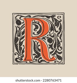 R letter drop cap logo in medieval engraving style. Blackletter square initial. Illuminated dark-age emblem with lush foliage and tulips. Perfect for vintage identity, gothic posters, luxury packaging