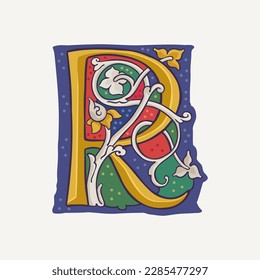 R-Briefkappenlogo mit durchgestrichenen weißen Rebsorten und vergoldeten Kalligrafieelementen. Anfangszeichen der Renaissance. Mittelalterliche, dunkelfarbene Luxussymbol basierend auf Ottonisch und Romanisch.