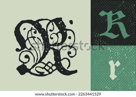 R letter drop cap logo. Illuminated initial and blackletter uppercase and lowercase. All you need to precisely imitate medieval text. Decorative element for the beginning of a paragraph or section.