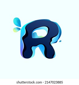 R letter eco logo with blue dew drops in hologram glitch style. Environment friendly icon with color shift and illusion effect. Vector idea for waste recycling identity or organic merchandise.