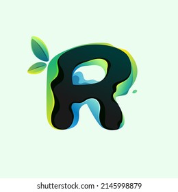 R letter eco logo with green leaves in hologram glitch style. Environment friendly icon with color shift and illusion effect. Vector element for waste recycling identity, natural theme presentation.