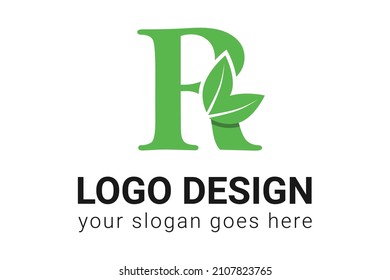 R letter eco logo with leaf. Vector typeface for nature posters, eco friendly emblem, vegan identity, herbal and botanical cards etc. Ecology R letter logo with green leaf.