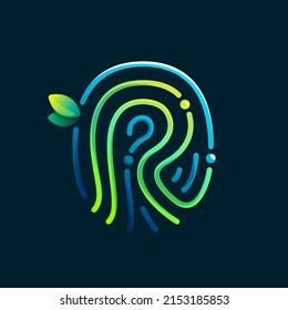 R letter eco logo made of fingerprint. Gradients icon with green leaves and dew drops. Perfect for online payment art, biometric design, agriculture advertising, pure food packaging, modern identity.