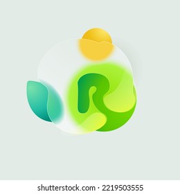 R letter eco logo in round splash with green leaf and sun. Realistic glassmorphism style translucent icon. Environment friendly negative space emblem for agriculture advertising, and healthy food.