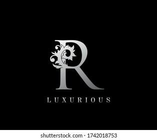R Letter Floral logo. Vintage silver majestic letter stamp for book design, weeding card, label, business card, Restaurant, Boutique, Hotel. 