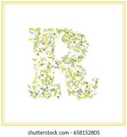 R letter floral logo.Vector cute decorative font made of flowers and leaves. Brand identity, fashion brand, crests set, real estate, vintage icon, vector illustration for wedding, cards.