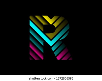 R letter font logo with cmyk color. Dynamic split blue, pink, yellow color on black background. For social media,design elements, creative poster, brand label and more