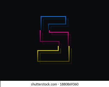 R Buchstabenschrift, Vektordesign-Logo. Dynamisch, gespalten, blau, rosa, gelb auf schwarzem Hintergrund. EPS10-Illustration
