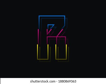 R letter font, vector design logo. Dynamic, split-color, blue, pink, yellow on black background. Eps10 illustration