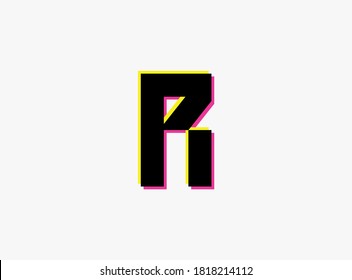 R Letter font, vector desing alphabet. Dynamic, split-color, shadow of  number pink and yellow on white background. For logo, social media,design elements, creative poster, etc.