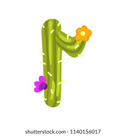 R letter in the form of cactus with blooming flowers, green eco English letter vector Illustration on a white background