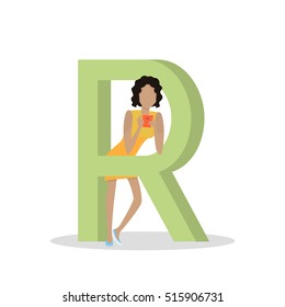 R letter and girl standing and playing on tablet, chatting or reading isolated. Social network. Alphabet with cartoon pictures of people using modern computer technologies. Flat design. ABC vector