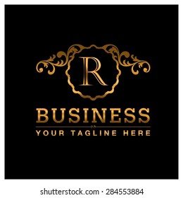 R letter Gold Luxury Logo template flourishes calligraphic elegant ornament lines. Business sign identity for Restaurant, Royalty, Cafe, Hotel, Heraldic, Jewelry, Fashion and other vector illustration