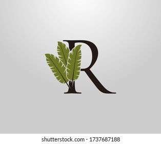 R Letter With Green Banana Leaf, Tropical Alphabet Sign Design Concept.
