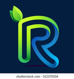 R letter with green leaves and water waves. Vector design template elements for your ecology application or corporate identity.
