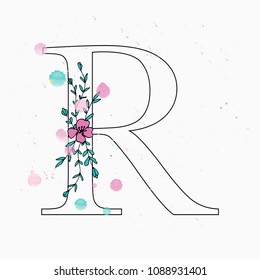 R letter. Hand drawn floral alphabet with watercolor drops. Vector wedding symbol.