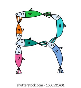 R letter hand drawn vector illustration sardines form in cartoon style rainbow colors