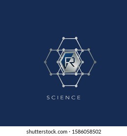 R Letter Hexagon Ring Techno Logo. Silver Hexagon Geometrical Ring with letter logo icon on blue background color for science technology design concept.