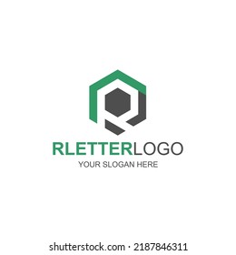 R letter hexagon vector logo illustration with green and grey colors