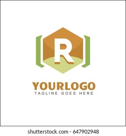 R letter hexagonal shape frame tech industry logo template. 