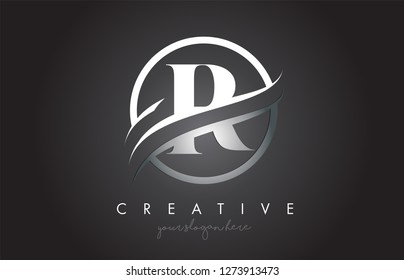 R Letter Icon Logo Design with Circle Steel Swoosh Border and Metal Texture. Creative R Design Vector Illustration.