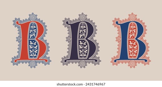 R letter illuminated gothic monogram with naturalistic flowers ornament. German drop cap. Dark age decorative logo. Classic medieval red and blue Latin initials font based on XIV century manuscript.