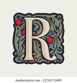 R letter illuminated initial with curve leaf ornament and tulips. Medieval dim colored fancy drop cap logo. Gothic heraldry blackletter dark-age emblem. Perfect for luxury calligraphy with pattern.