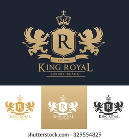 R letter, King Royal luxury brand logo template with lion and crown