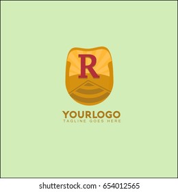 R letter landscape vector illustration with mountain, sun and road. Vintage brand identity.
