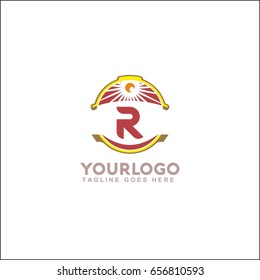 R letter landscape vector illustration. Vintage sunset logo with sun.