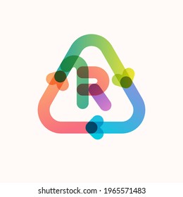 R letter line logo inside triangular shaped recycling symbol with arrows. Colorful gradient overlay emblem for your eco-friendly Illustrations, and plastic free living and zero waste projects. 