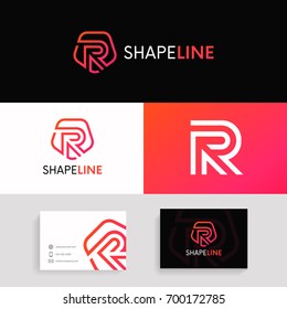 R letter linear logo shield icon sign with brand business card vector design.