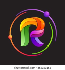 R letter logo with atomic or space orbits. Abstract trendy multicolored vector design template elements for your application or corporate identity.