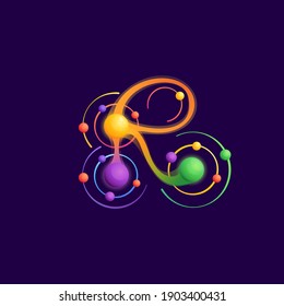 R letter logo with atoms orbits. Vector vivid icon perfect to use in any science labels, technology posters, astronomy identity, etc.