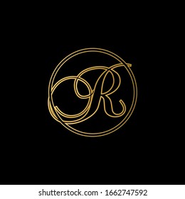 R letter logo with black background.Gold letter logo.This is gold script letter design.