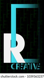 R Letter logo bold with blue rectangle isolated on black texture background.