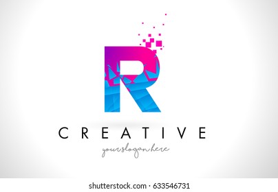R Letter Logo with Broken Shattered Blue Pink Triangles Texture Design Vector Illustration.