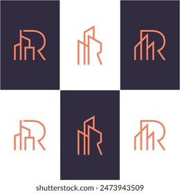 R letter logo with building logo design vector illustration