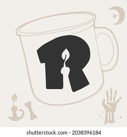 R letter logo with a candle. Vector template for your Halloween cup design.