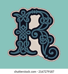 R letter logo with Celtic knots, spiral lines, and red dots. Dim colored medieval initial. Perfect icon for ancient identity, Middle Ages print, barbarian posters, and heraldic monograms.