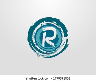 R Letter Logo With Circle Blue Splatter Element. Blue Wave Retro logo design template.