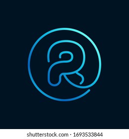 Logo de la letra R en un círculo. Estilo de línea imposible. Icono azul perfecto para etiquetas digitales, impresión de vida nocturna, publicidad de neón, etc.
