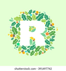 R letter logo in a circle of oak leaves and acorns. Summer font style, vector design template elements for your ecology application or corporate identity.