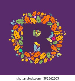 R letter logo in a circle of oak leaves and acorns. Autumn font style, vector design template elements for your ecology application or corporate identity.