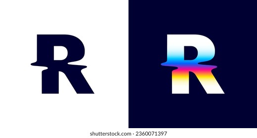 R letter logo with color glitch. Neon double exposure style. Multicolor gradient sign with hologram and illusion effect. Glowing color shift vector icon for nightlife labels, game screens, vibrant adv